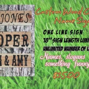 Custom wood-carved name sign advertisement.