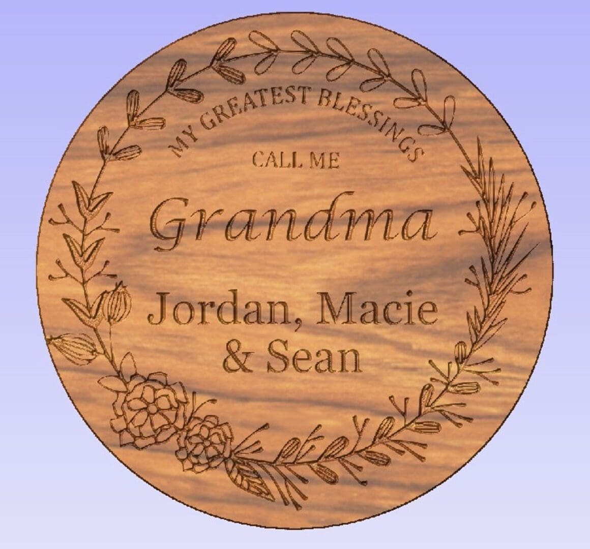 Wooden plaque with floral design and names.