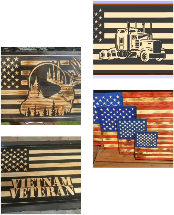 Wooden American flag designs with various themes.