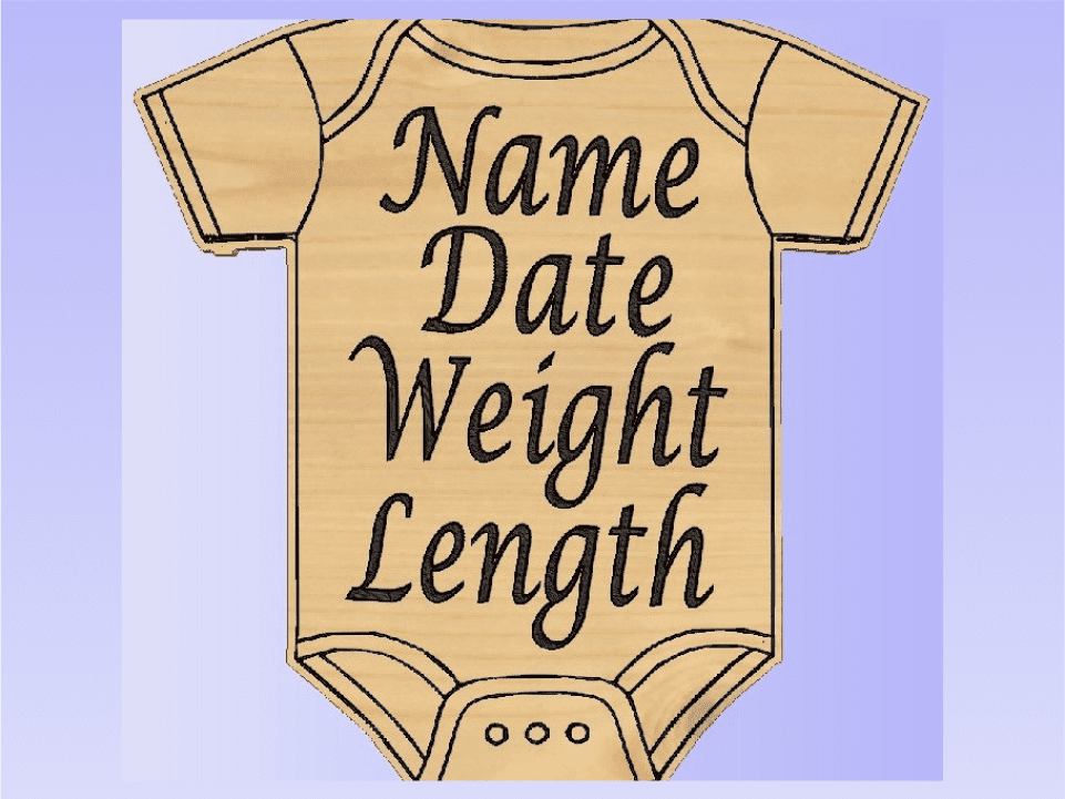 Baby onesie with name, date, weight, length.