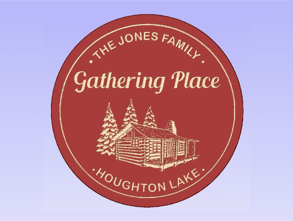Red logo with cabin and trees illustration.