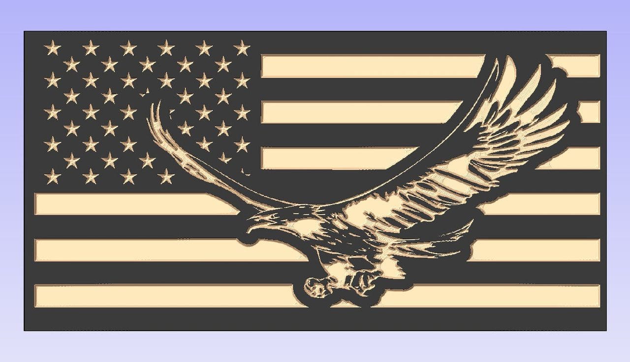 Eagle flying over American flag design.